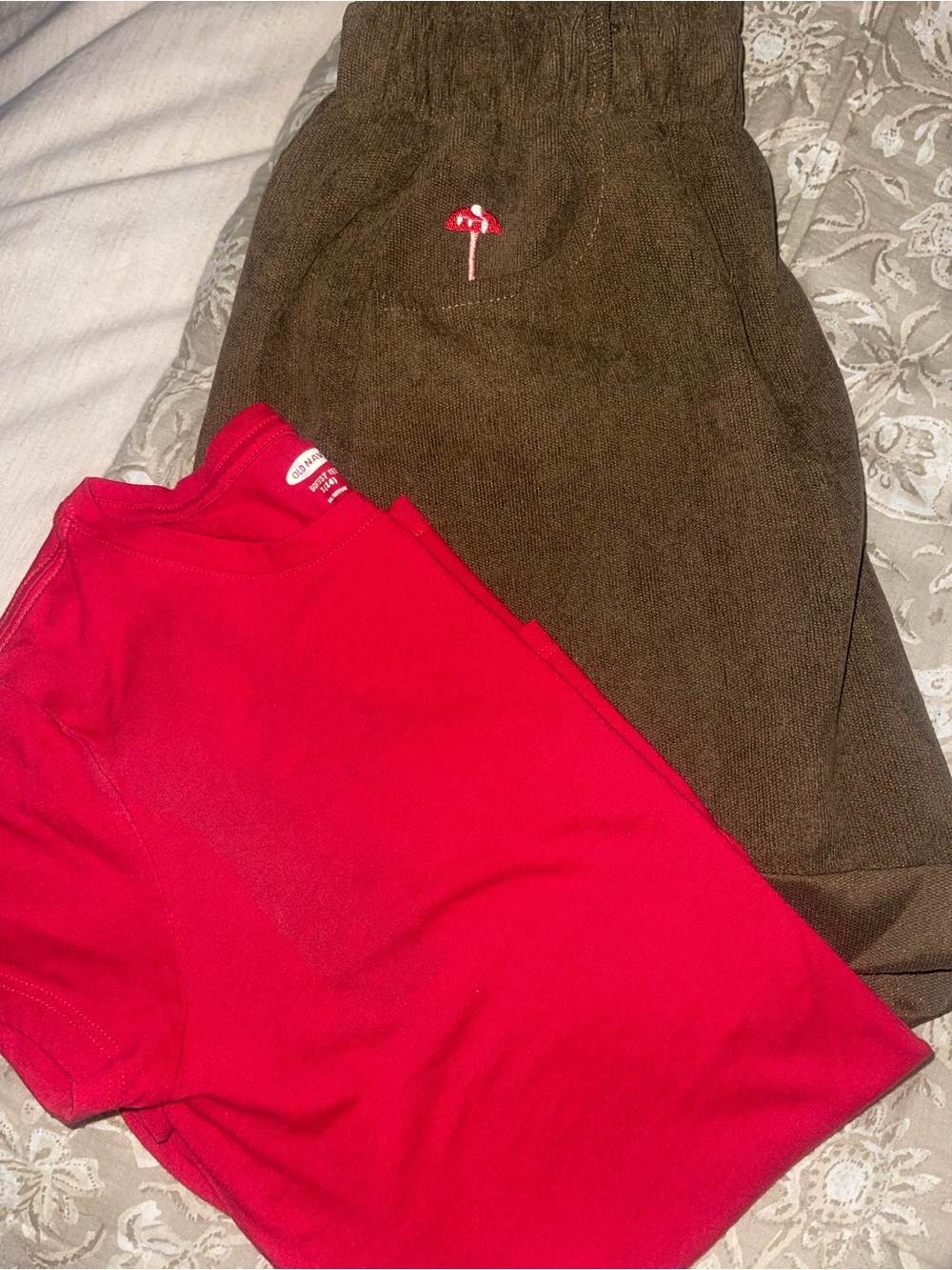 ROMWE Brown Corduroy Bottoms with Mushroom Embroider -& old navy red T-shir
